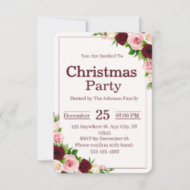 Invitación Fiesta de Navidad con Flores Elegantes Rosa y Burd