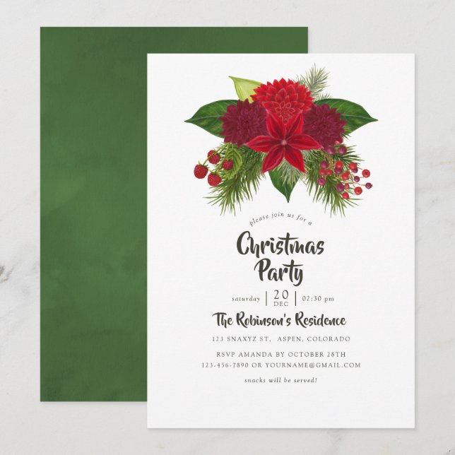 Invitación Fiesta de Navidad con flores en acuarela (Anverso / Reverso)