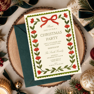 Invitación Fiesta de Navidad con flores folk vintage