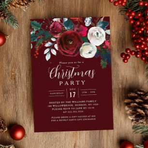 Invitación Fiesta de Navidad con Follaje de Borgoña Festivo  