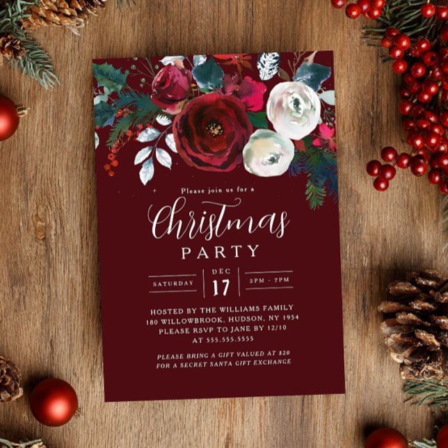 Invitación Fiesta de Navidad con Follaje de Borgoña Festivo   (Subido por el creador)
