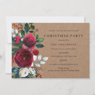 Invitación Fiesta de Navidad con follaje de Borgoña Verde de
