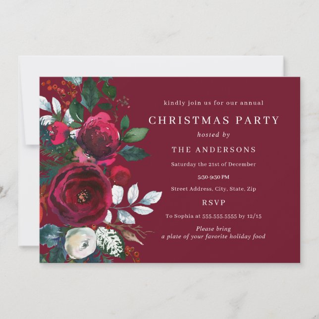 Invitación Fiesta de Navidad con Follaje de Invierno Borgoña (Anverso)