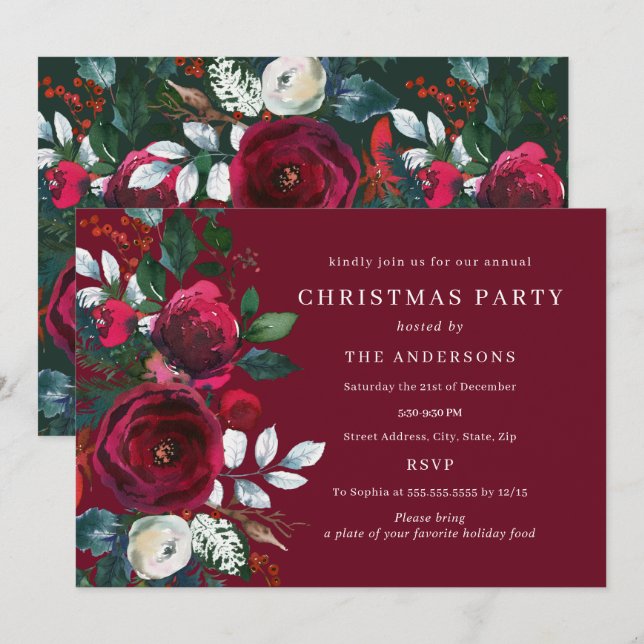 Invitación Fiesta de Navidad con follaje de invierno verde bu (Anverso / Reverso)
