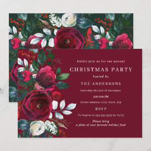 Invitación Fiesta de Navidad con follaje de invierno verde bu
