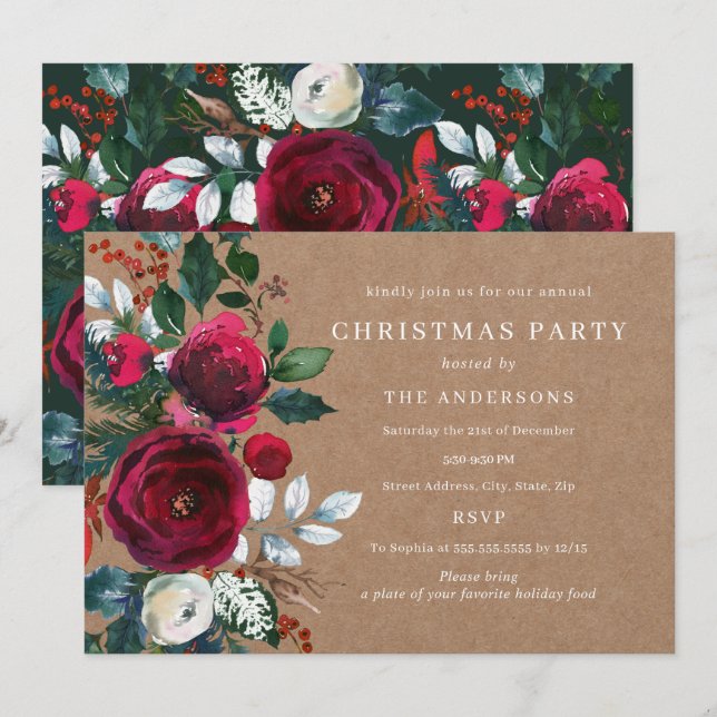 Invitación Fiesta de Navidad con follaje verde de Borgoña de  (Anverso / Reverso)