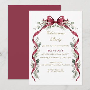 Invitación Fiesta de Navidad con guirnalda de lazo de Borgoña