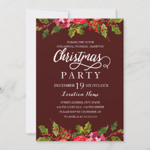 Invitación Fiesta de Navidad con hoja de acebo en acuarela de