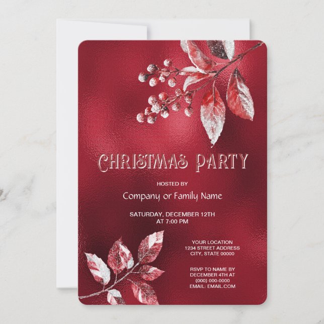 Invitación Fiesta de Navidad con Hojas Rojas Nevadas (Anverso)