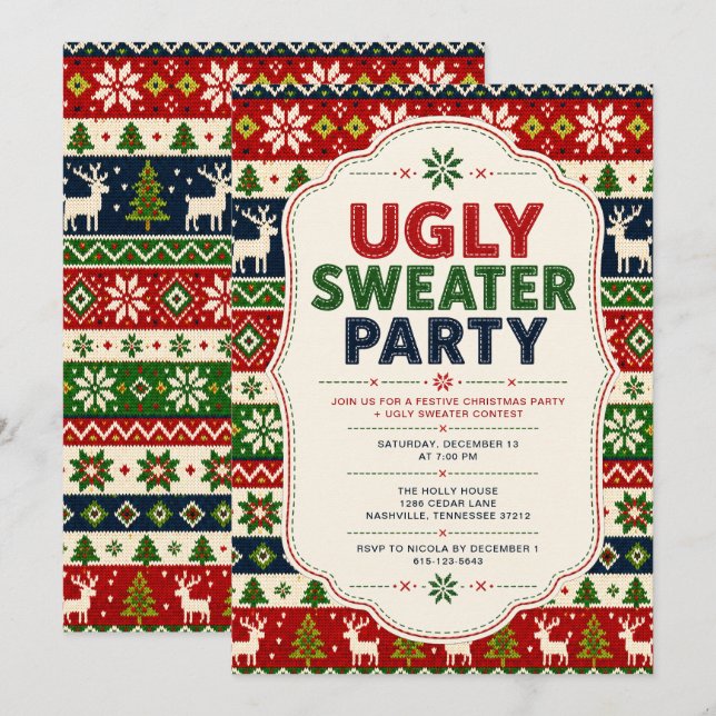 Invitación Fiesta de Navidad con Jersey Feo (Anverso / Reverso)