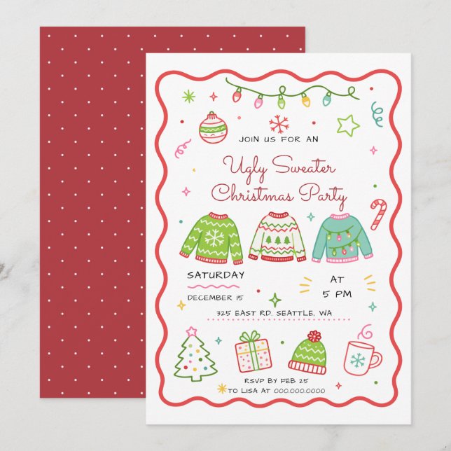 Invitación Fiesta de Navidad con Jersey Feo de Doodle (Anverso / Reverso)