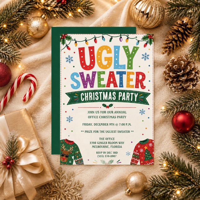 Invitación Fiesta de Navidad con Jersey Feo de las Fiestas (Ugly Sweater Holiday Christmas Party Invitation)
