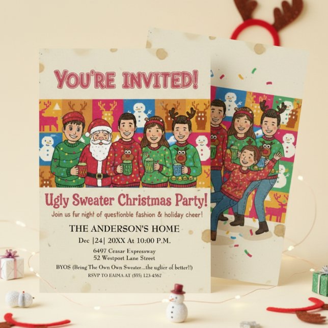 Invitación Fiesta de Navidad con Jersey Feo Vintage Casual  (Subido por el creador)