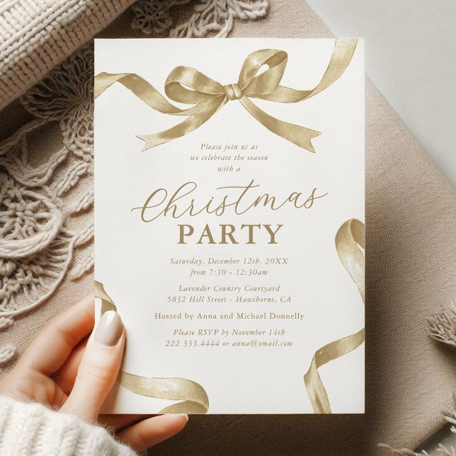 Invitación Fiesta de Navidad con Lazo de Oro Elegante (Subido por el creador)