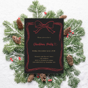 Invitación Fiesta de Navidad con lazo negro rojo dibujado a m