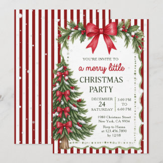 Invitación Fiesta de Navidad con lazo rojo a rayas
