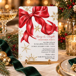 Invitación Fiesta de Navidad con Lazo Rojo Alegre y Brillante