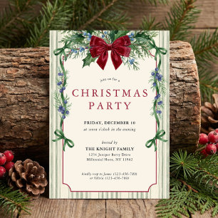 Invitación Fiesta de Navidad con lazo rojo botánico grandmill