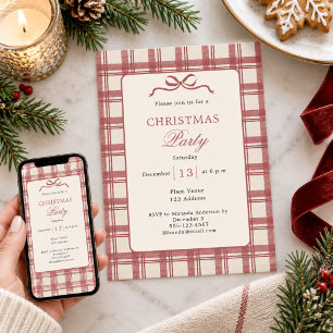 Invitación Fiesta de Navidad con Lazo Rojo Crema de Cuadros E