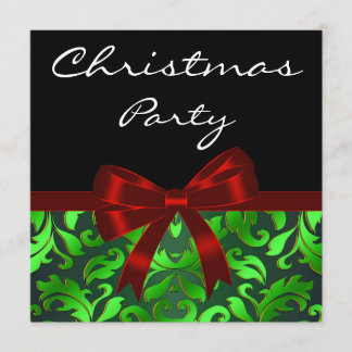 Invitación Fiesta de Navidad con lazo rojo de damasco verde n