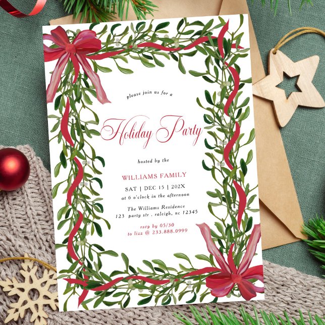 Invitación Fiesta de Navidad con Lazo Rojo de Muérdago Modern (Subido por el creador)