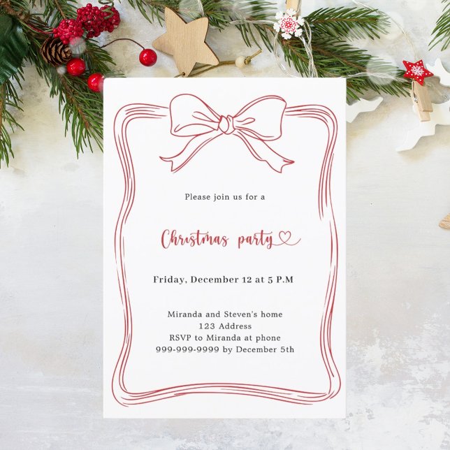 Invitación Fiesta de Navidad con lazo rojo dibujado a mano (Subido por el creador)