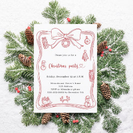 Invitación Fiesta de Navidad con lazo rojo dibujado a mano