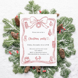 Invitación Fiesta de Navidad con lazo rojo dibujado a mano