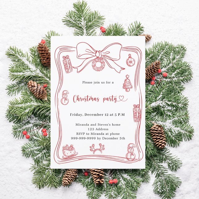 Invitación Fiesta de Navidad con lazo rojo dibujado a mano (Subido por el creador)