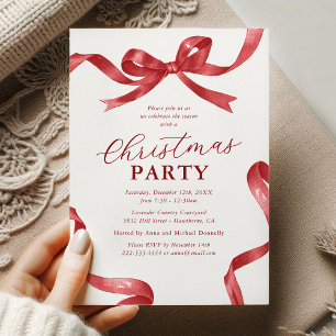 Invitación Fiesta de Navidad con Lazo Rojo Elegante