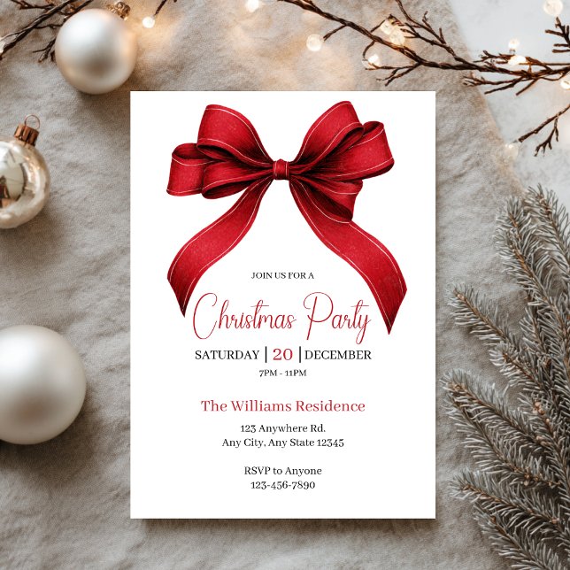 Invitación Fiesta de Navidad con Lazo Rojo Elegante (Subido por el creador)