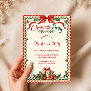 Invitación Fiesta de Navidad con lazo rojo ondulado