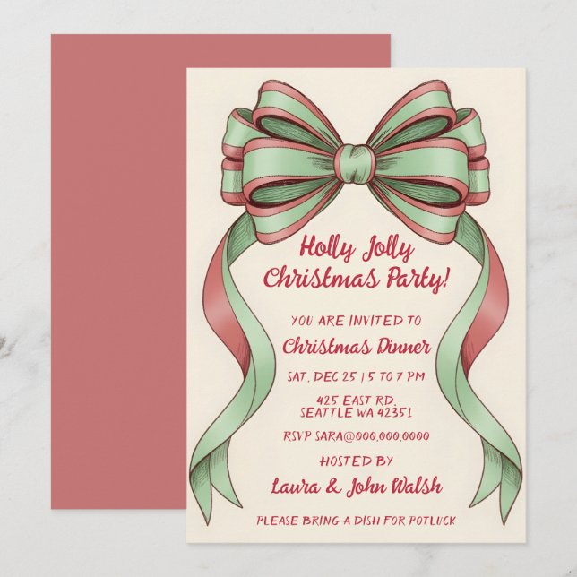 Invitación Fiesta de Navidad con Lazo Rojo Verde Dibujado a M (Anverso / Reverso)