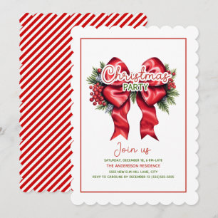 Invitación Fiesta de Navidad con lazo rojo y bayas de acebo o