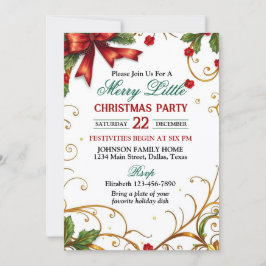 Invitación Fiesta de Navidad con lazo rojo y borde dorado orn