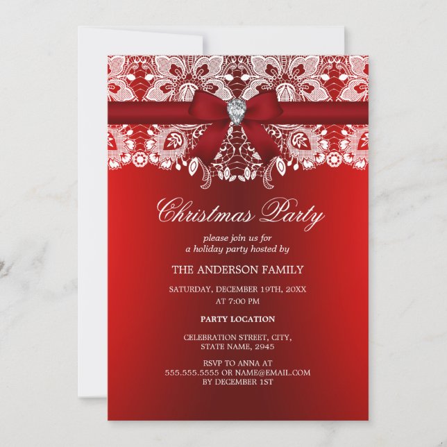 Invitación Fiesta de Navidad con Lazo Rojo y Encaje (Anverso)