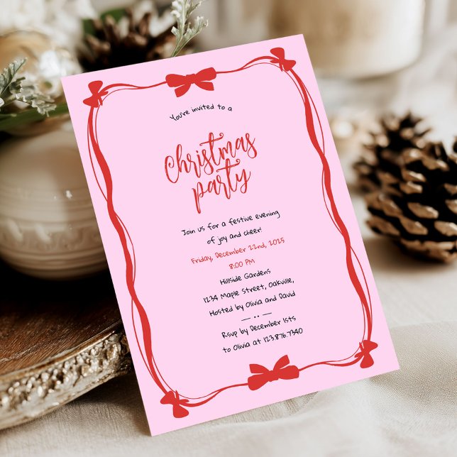 Invitación Fiesta de Navidad con Lazo Rojo y Rosa Caprichoso (Subido por el creador)
