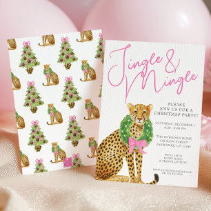 Invitación Fiesta de Navidad con leopardo Preppy en acuarela