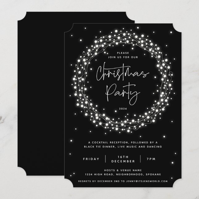 Invitación Fiesta de Navidad con Luces Negras Brillantes Mode (Anverso / Reverso)