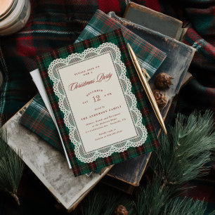 Invitación Fiesta de Navidad con Marco de Encaje Tartán Verde