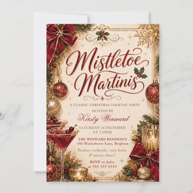 Invitación Fiesta de Navidad con Muérdago y Martinis (Anverso)