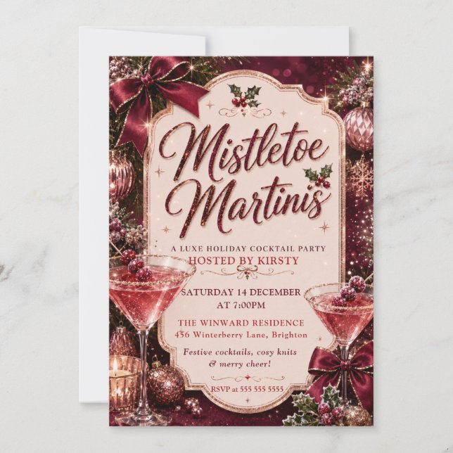 Invitación Fiesta de Navidad con muérdago y martinis (Anverso)