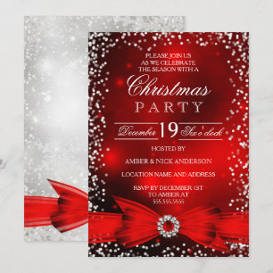 Invitación Fiesta de Navidad con Nieve que Cae Lazo Rojo Blan