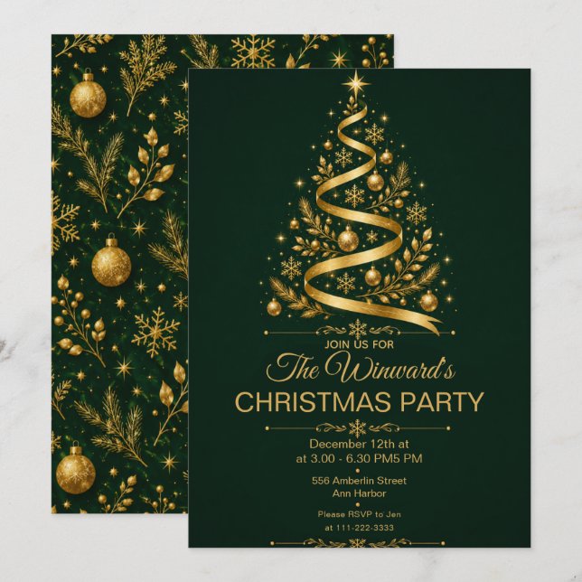 Invitación Fiesta de Navidad con oro y verde oscuro (Anverso / Reverso)