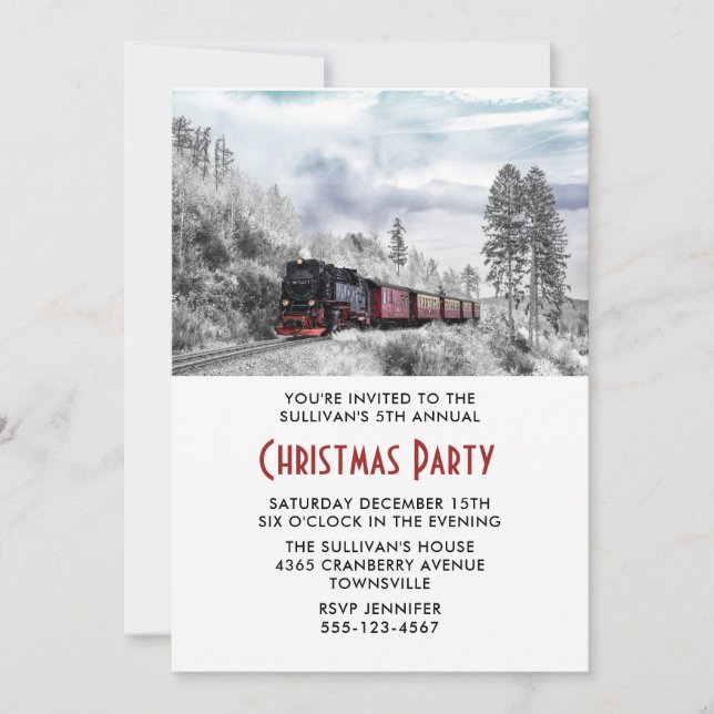 Invitación Fiesta de Navidad con paisaje invernal de tren vin (Anverso)