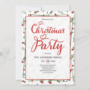 Invitación Fiesta de Navidad con patrón de bayas y caligrafía