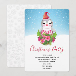 Invitación Fiesta de Navidad con pingüino lindo en sombrero d