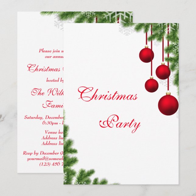 Invitación Fiesta de Navidad con Pino y Bolas Elegantes (Anverso / Reverso)