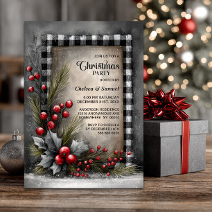 Invitación Fiesta de Navidad con Plaid de Búfalo y Acebo
