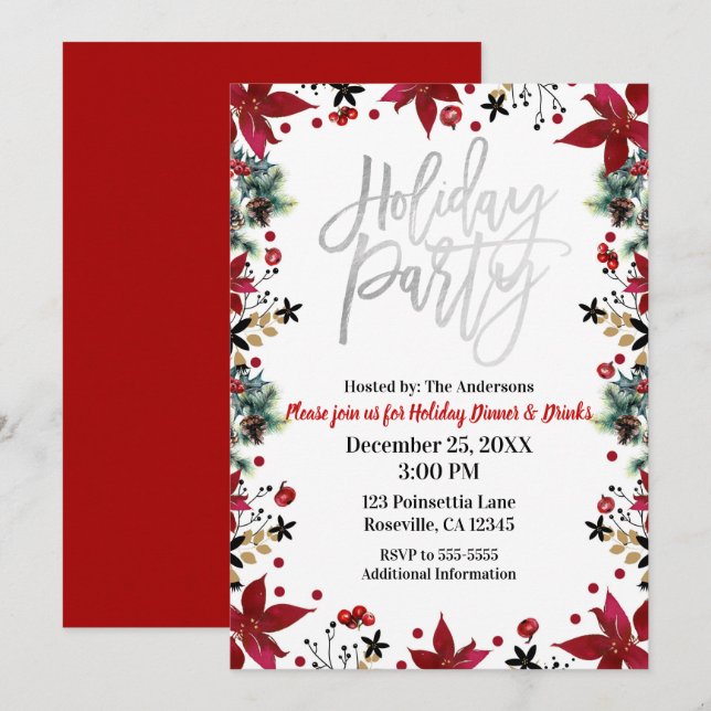 Invitación Fiesta de Navidad con Poinsettia Floral de Vacacio (Anverso / Reverso)
